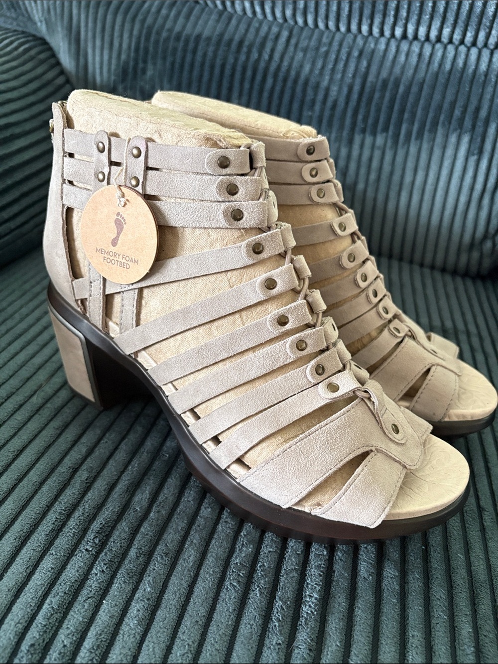 Jambu Suede Taupe Strappy Memory Foam Heeled Sandals